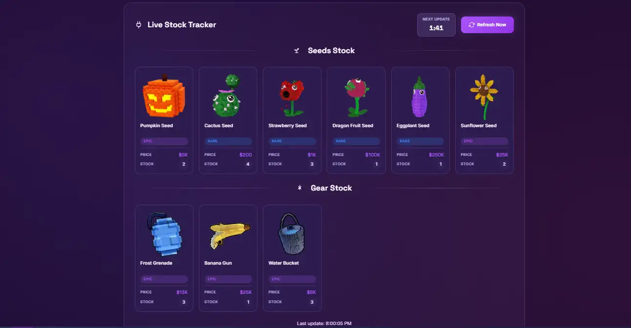 Plants vs Brainrots live stock tracker interface showing real-time seed and gear updates with 5-minute countdown timer, rarity filters, and last seen data