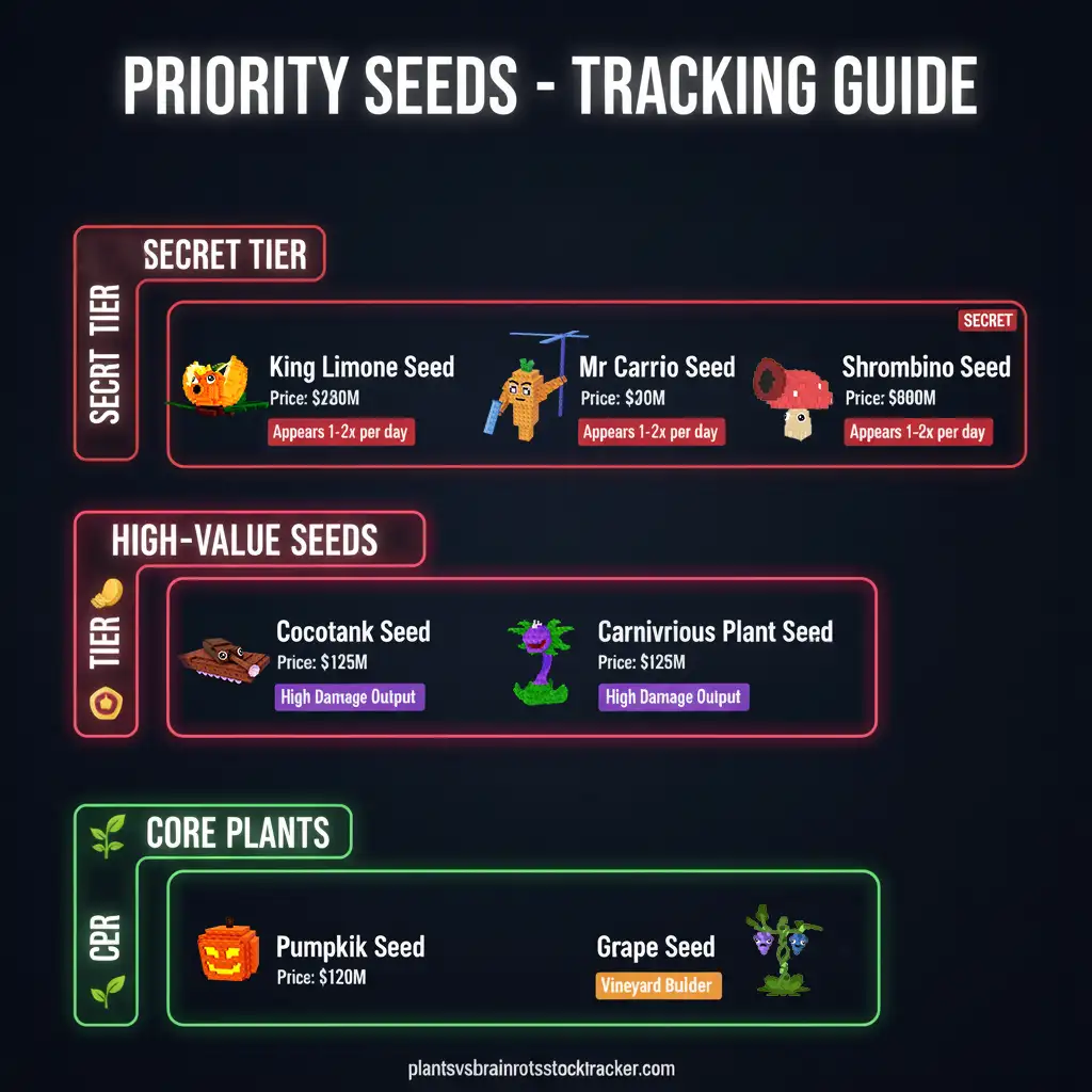 Plants vs Brainrots priority seeds tier list ranking Secret, Mythic, and Epic rarity seeds including King Limone, Mr Carrot, Mango, Tomatrio, Cocotank, and Carnivorous Plant with prices and strategies